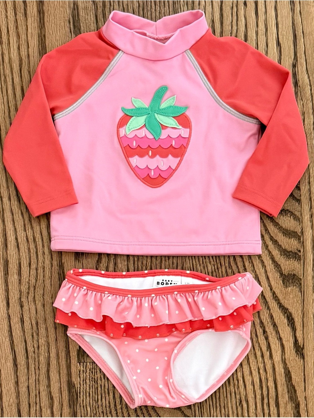 Mini Boden Pink & Coral Strawberry Rashguard Swim Set